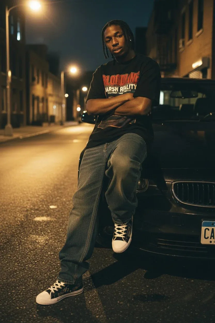 A man wearing a black graphic t-shirt with 'BLOODLINE HARSH REALITY' text 