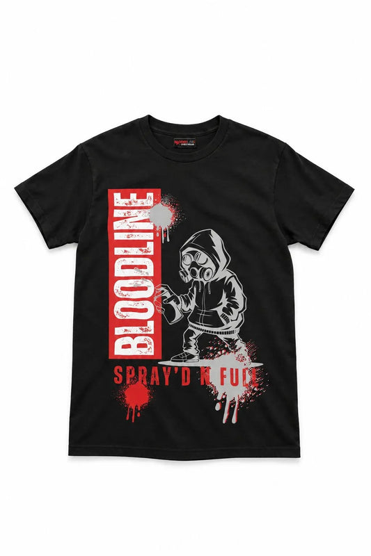 A black short-sleeve t-shirt with a graphic print featuring a white spray-painted hooded figure, a red vertical 'BLOODLINE' text block, and red paint splatters with the text 'SPRAY'D A FULL' underneath.