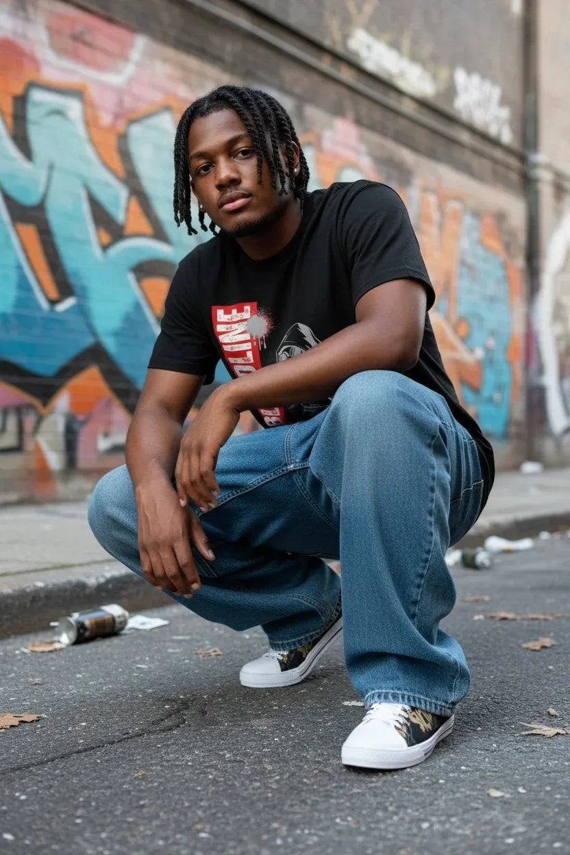 A man crouching on a street in front of a graffiti-covered wall, wearing a black graphic t-shirt, blue jeans, and white sneakers.
