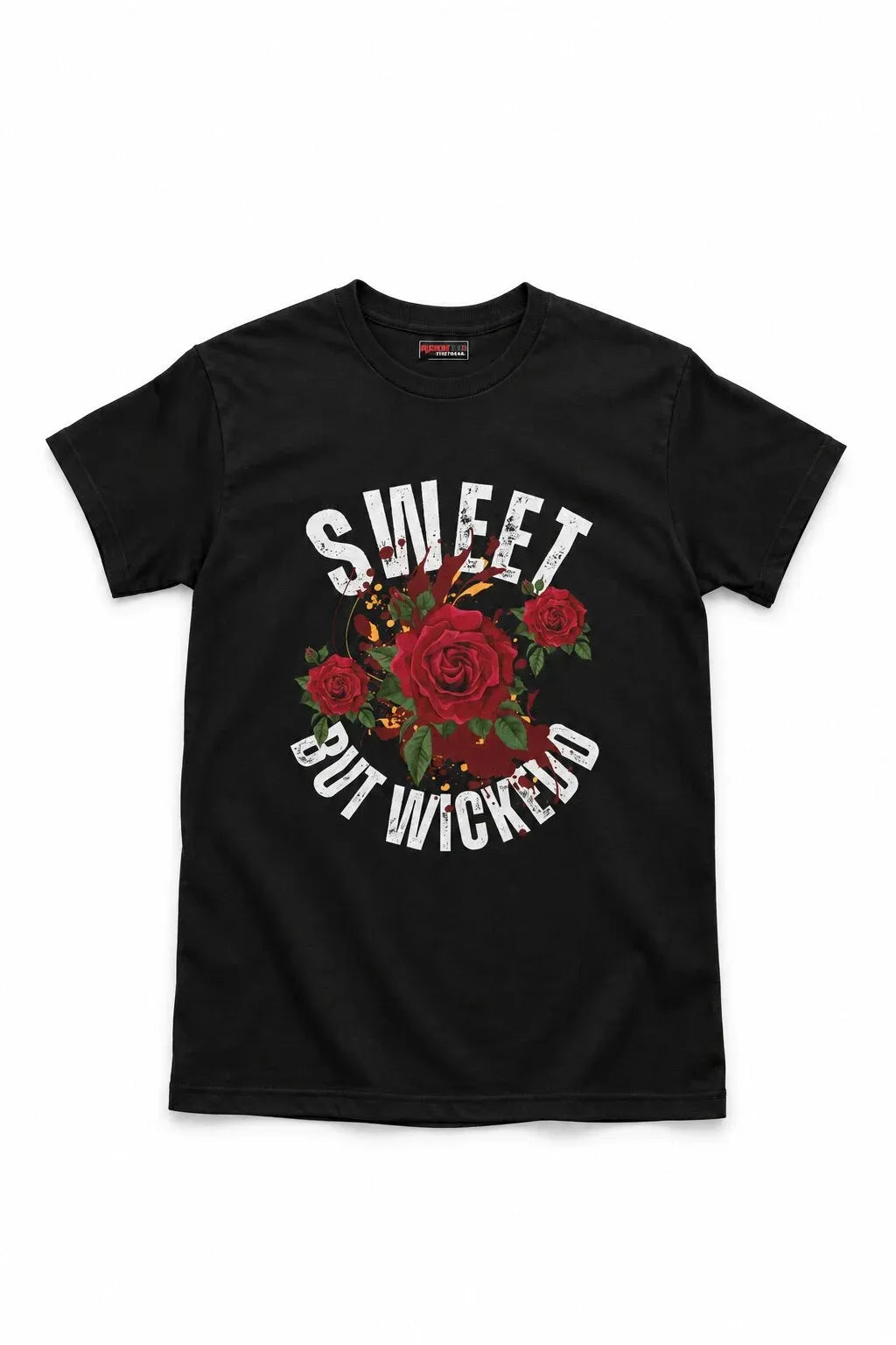 A black short-sleeve crewneck t-shirt featuring a graphic print of red roses and the text 'SWEET BUT WICKED' in white, displayed against a solid white background.
