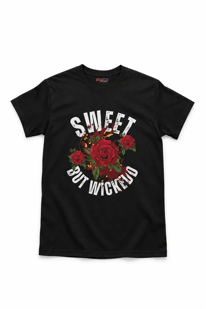 A black short-sleeve crewneck t-shirt featuring a graphic print of red roses and the text 'SWEET BUT WICKED' in white, displayed against a solid white background.