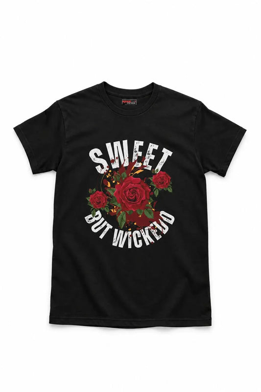 A black short-sleeve crewneck t-shirt featuring a graphic print of red roses and the text 'SWEET BUT WICKED' in white, displayed against a solid white background.