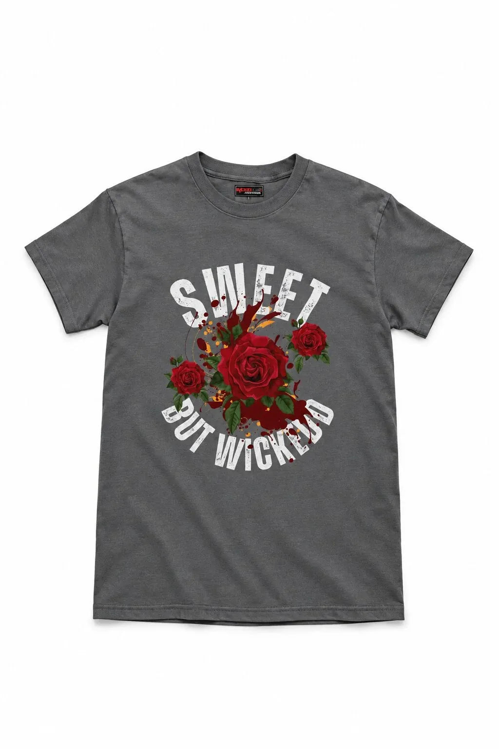 A dark gray crewneck t-shirt featuring a graphic print of red roses and the text 'SWEET BUT WICKED' in white arched lettering, displayed against a plain white background.