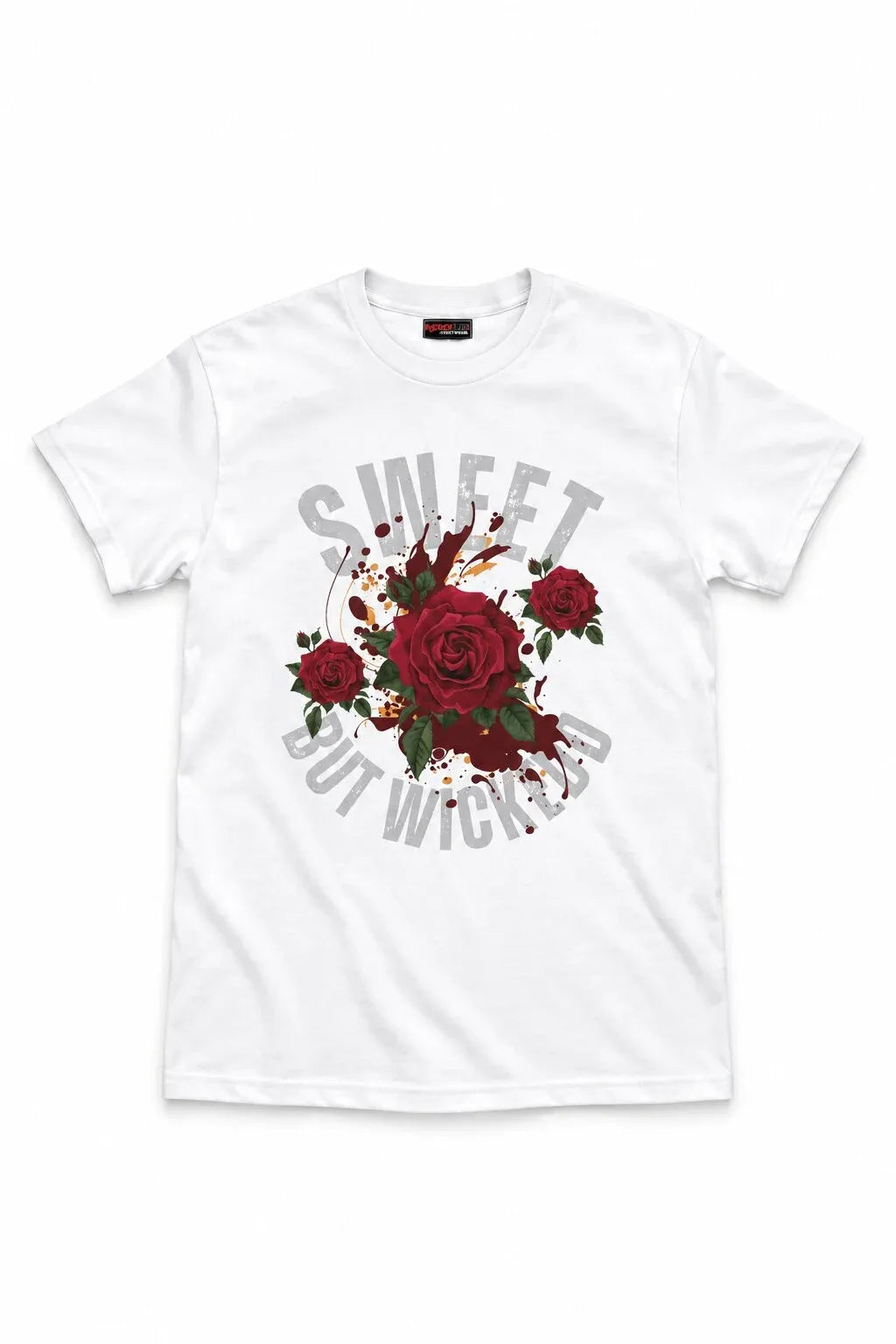 A white short-sleeve crewneck t-shirt featuring a graphic print of red roses with green leaves and a gray circular text design that reads 'SWEET BUT WITCHY'.