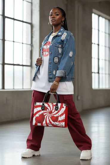 A model stands in a large industrial loft with high windows, wearing a distressed blue denim jacket, a white graphic t-shirt, burgundy pants, and white sneakers, while holding a red and white spiral-patterned tote bag.