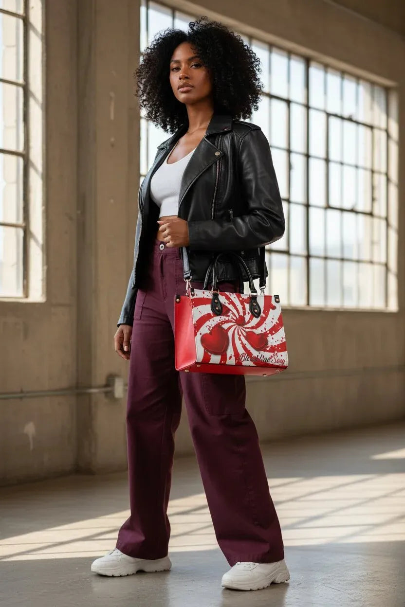 A woman stands in a sunlit industrial loft with large windows, wearing a black leather jacket, white tank top, burgundy wide-leg trousers, and white sneakers, while carrying a red tote bag with a black and white spiral pattern.