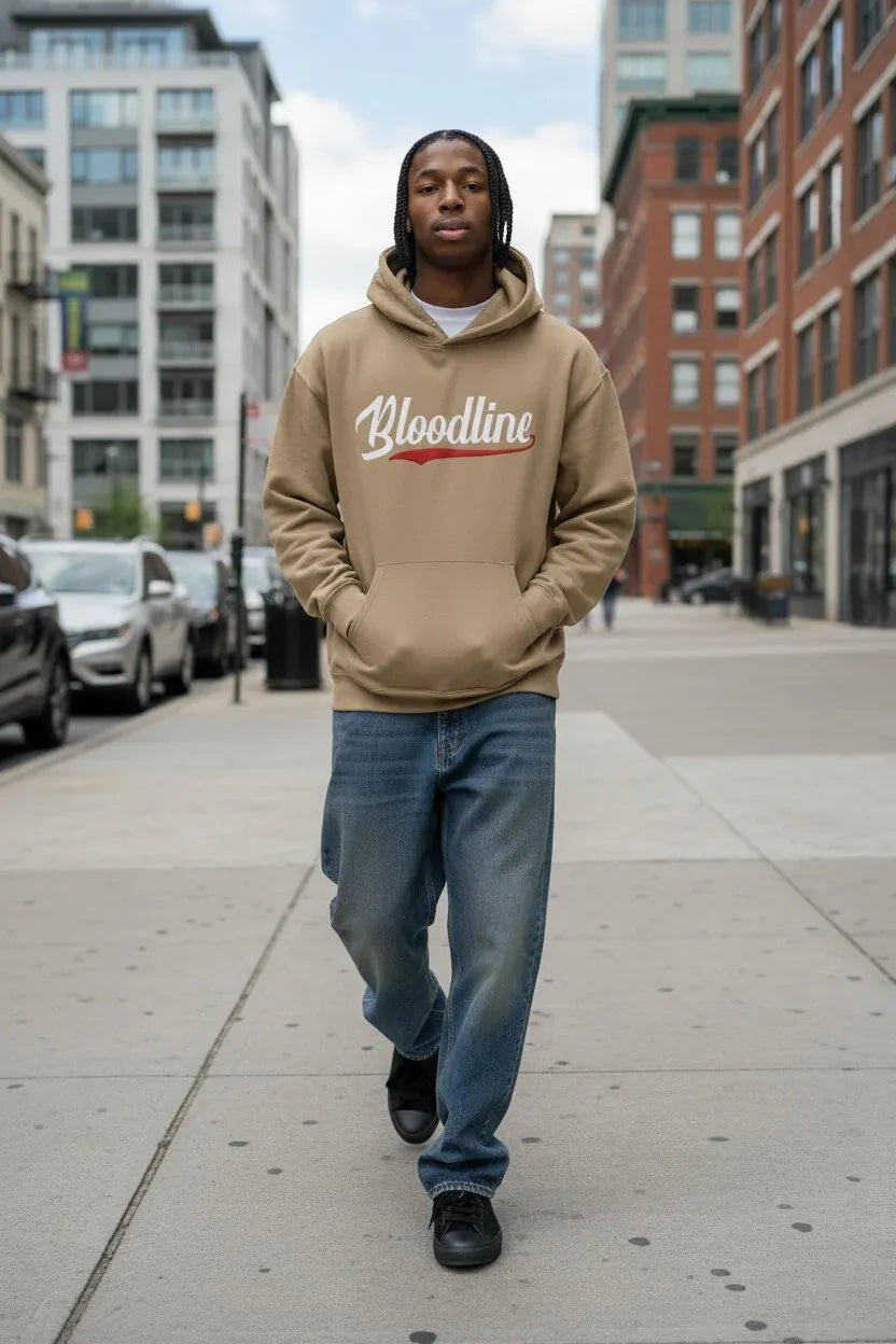 A man walking on a city sidewalk wearing a beige hoodie with 'Bloodline' printed across the chest in white and red, paired with blue jeans and black sneakers.