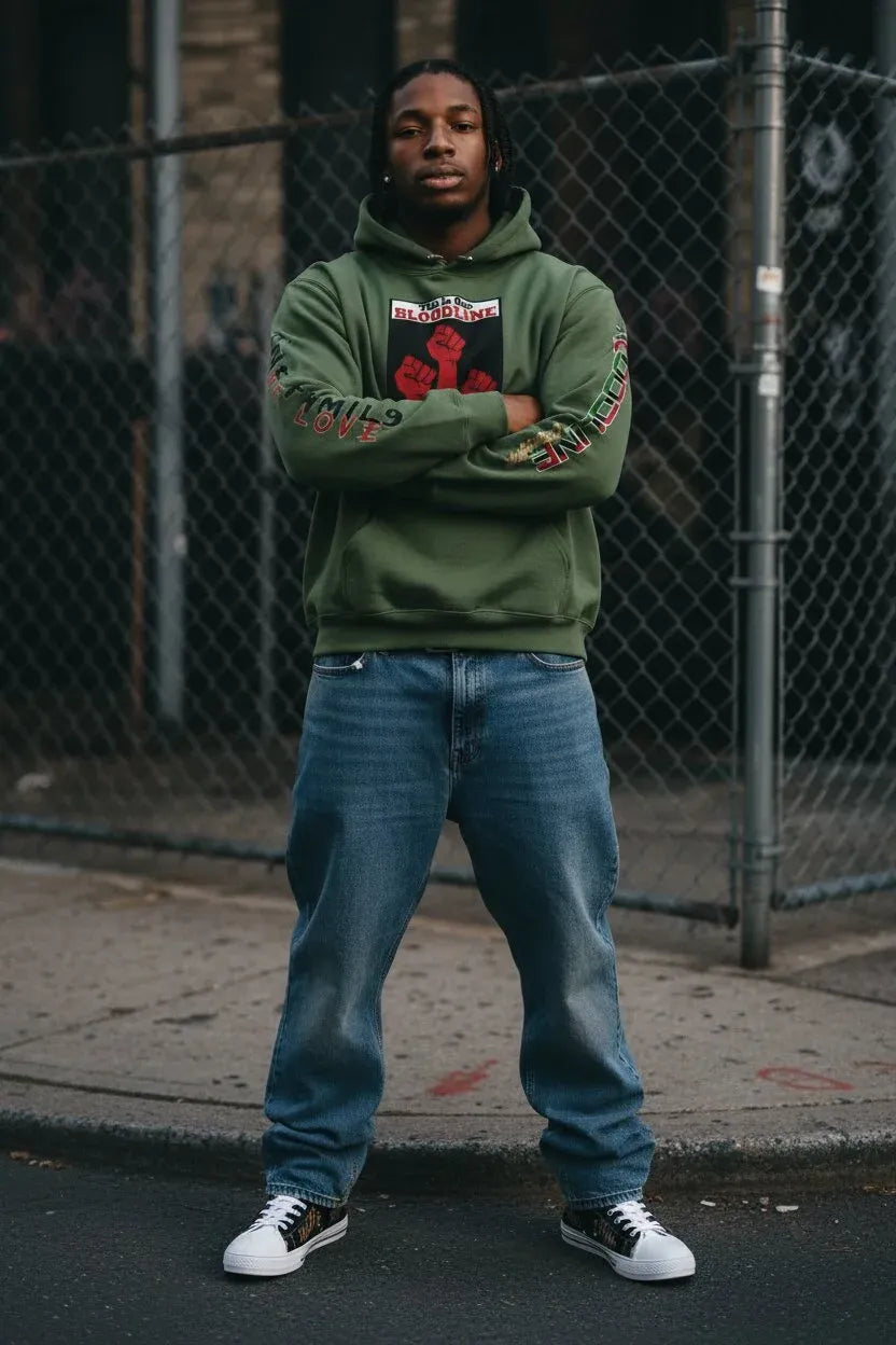 A man stands on a city sidewalk in front of a chain-link fence, wearing an olive green hoodie with a red and black graphic on the chest and 'LOVE' printed down both sleeves, paired with blue jeans and white sneakers.