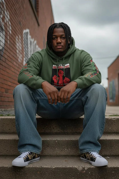 A man sits on concrete steps wearing an olive green graphic hoodie, blue jeans, and white sneakers with leopard print details. The background features a brick wall and an overcast sky.