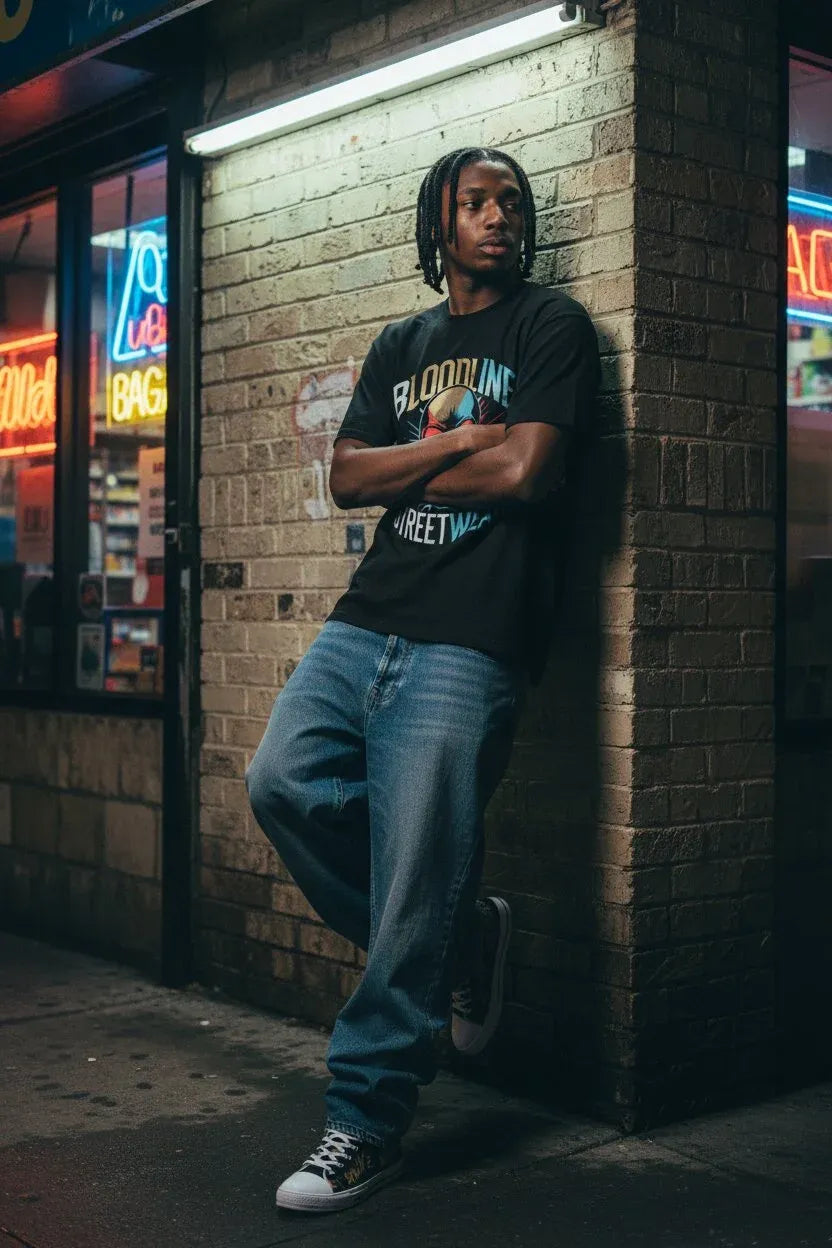 A man leans against a brick wall at night wearing a black graphic t-shirt with 'BLOODLINE STREETWEAR' printed on the front, blue jeans, and black sneakers.