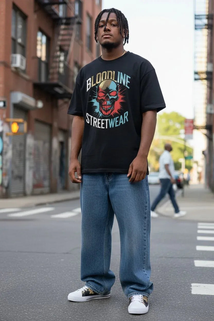 A man stands on a city street wearing a black graphic T-shirt with the words 'BLOODLINE STREETWEAR' and a colorful skull design, paired with loose blue jeans and white sneakers.