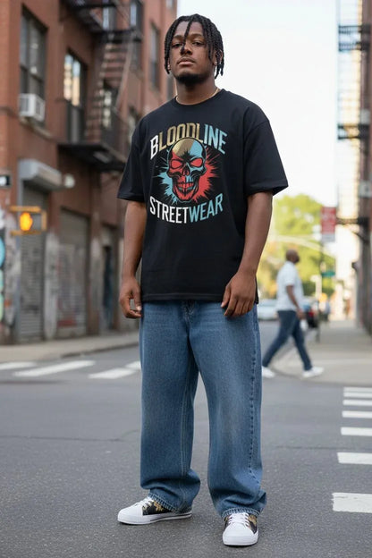 A man stands on a city street wearing a black graphic T-shirt with the words 'BLOODLINE STREETWEAR' and a colorful skull design, paired with loose blue jeans and white sneakers.