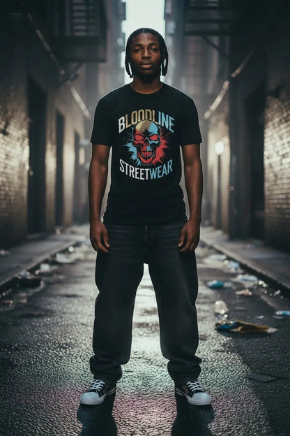 A man stands in a dark urban alley wearing a black graphic T-shirt with a red, blue, and white skull design and the words 'BLOODLINE STREETWEAR'.