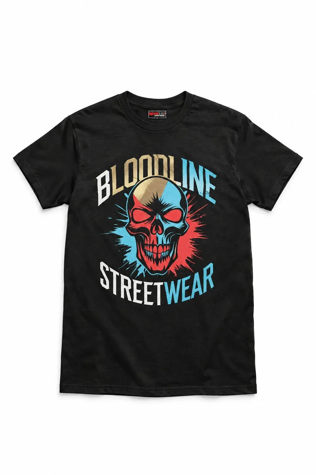 A black short-sleeve crewneck t-shirt featuring a graphic print of a skull with red and blue shading, surrounded by the text 'BLOODLINE STREETWEAR' in white and blue.