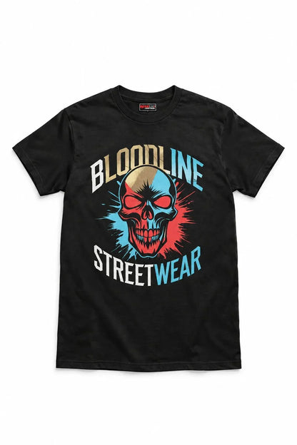 A black short-sleeve crewneck t-shirt featuring a graphic print of a skull with red and blue shading, surrounded by the text 'BLOODLINE STREETWEAR' in white and blue.