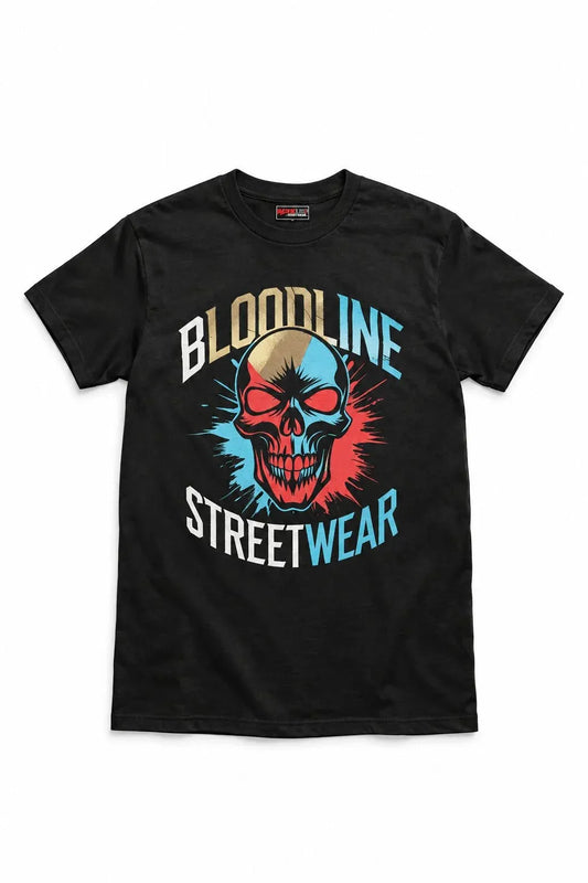 A black short-sleeve crewneck t-shirt featuring a graphic print of a skull with red and blue shading, surrounded by the text 'BLOODLINE STREETWEAR' in white and blue.