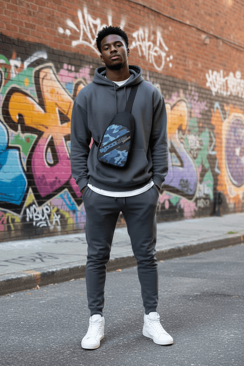 A man wearing a dark gray hoodie, matching sweatpants, and white sneakers stands on a city street in front of a graffiti-covered brick wall, wearing a blue and black camouflage-patterned crossbody bag across his chest.