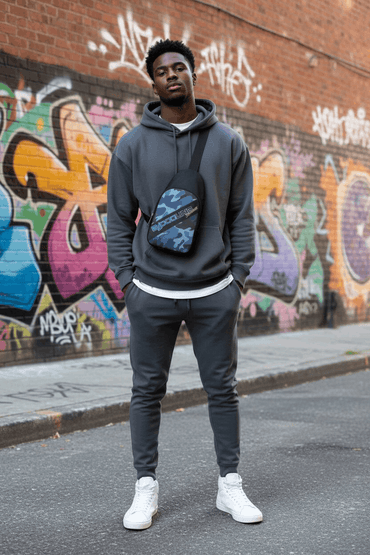 A man wearing a dark gray hoodie, matching sweatpants, and white sneakers stands on a city street in front of a graffiti-covered brick wall, wearing a blue and black camouflage-patterned crossbody bag across his chest.