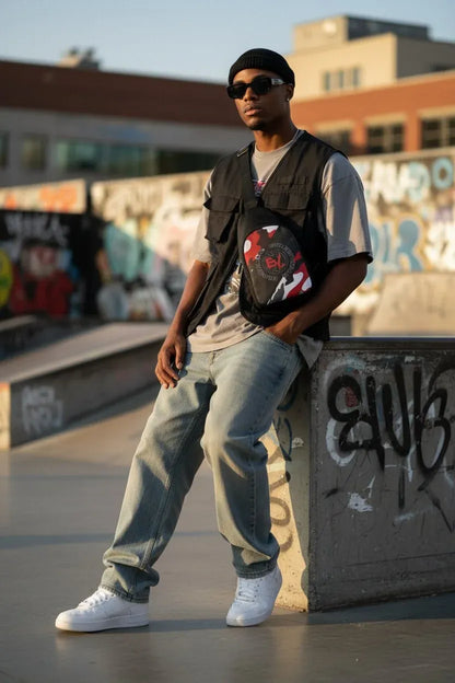 A man wearing a black beanie, sunglasses, a black utility vest over a light gray t-shirt, light blue jeans, and white sneakers, standing in an urban outdoor setting with graffiti walls in the background.