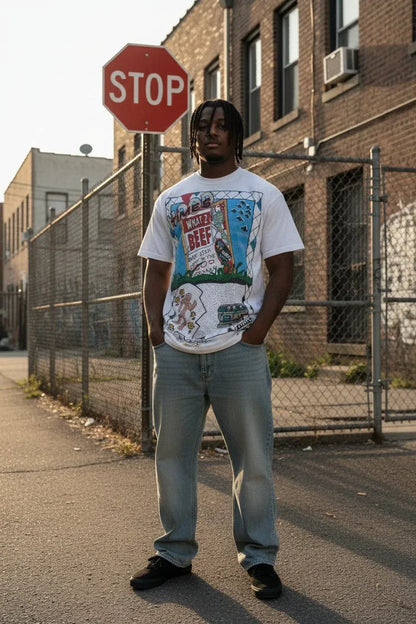 A man stands on an urban sidewalk in front of a brick building and chain-link fence, wearing a white graphic t-shirt with a colorful vintage-style print, light blue jeans, and black shoes. A red octagonal stop sign is visible behind him.