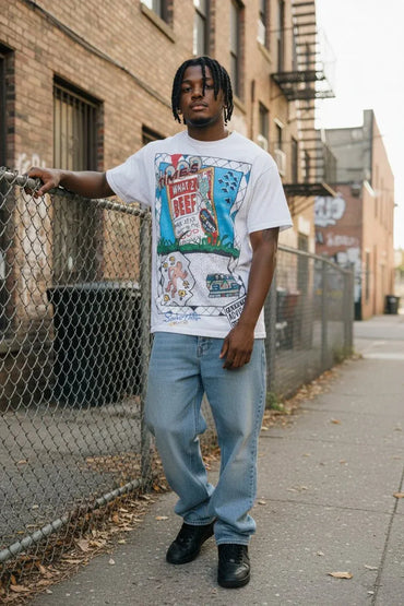 A man wearing a white graphic t-shirt with a colorful retro-style collage print, paired with light blue jeans and black shoes, standing on a city sidewalk next to a chain-link fence.
