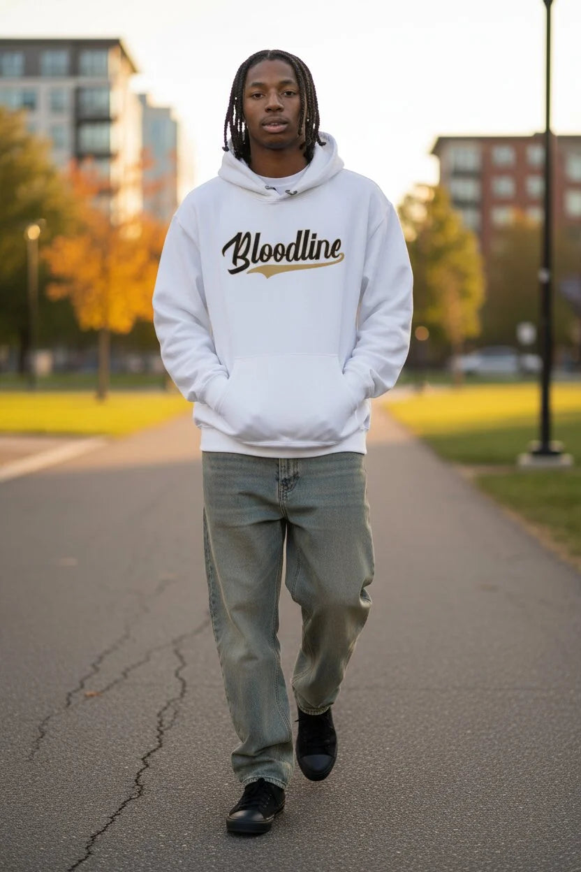 A man walking in a park wearing a white hoodie with 'Bloodline' printed in black and gold across the chest, paired with light blue jeans and black sneakers.
