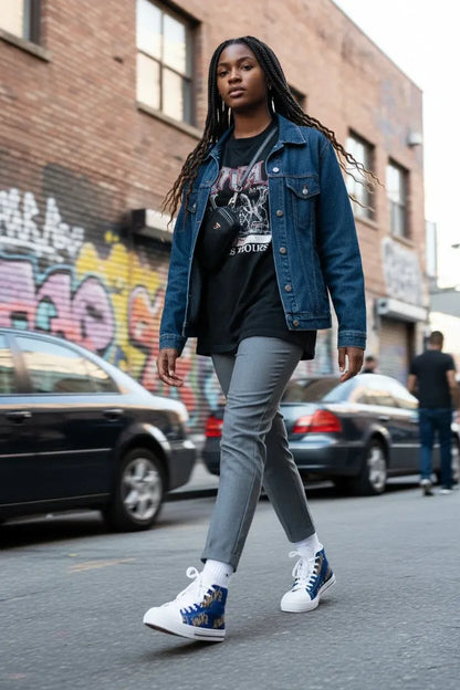 A woman walking down a city street wearing a blue denim jacket, a black graphic t-shirt, gray jeans, and white high-top sneakers with blue and yellow accents.