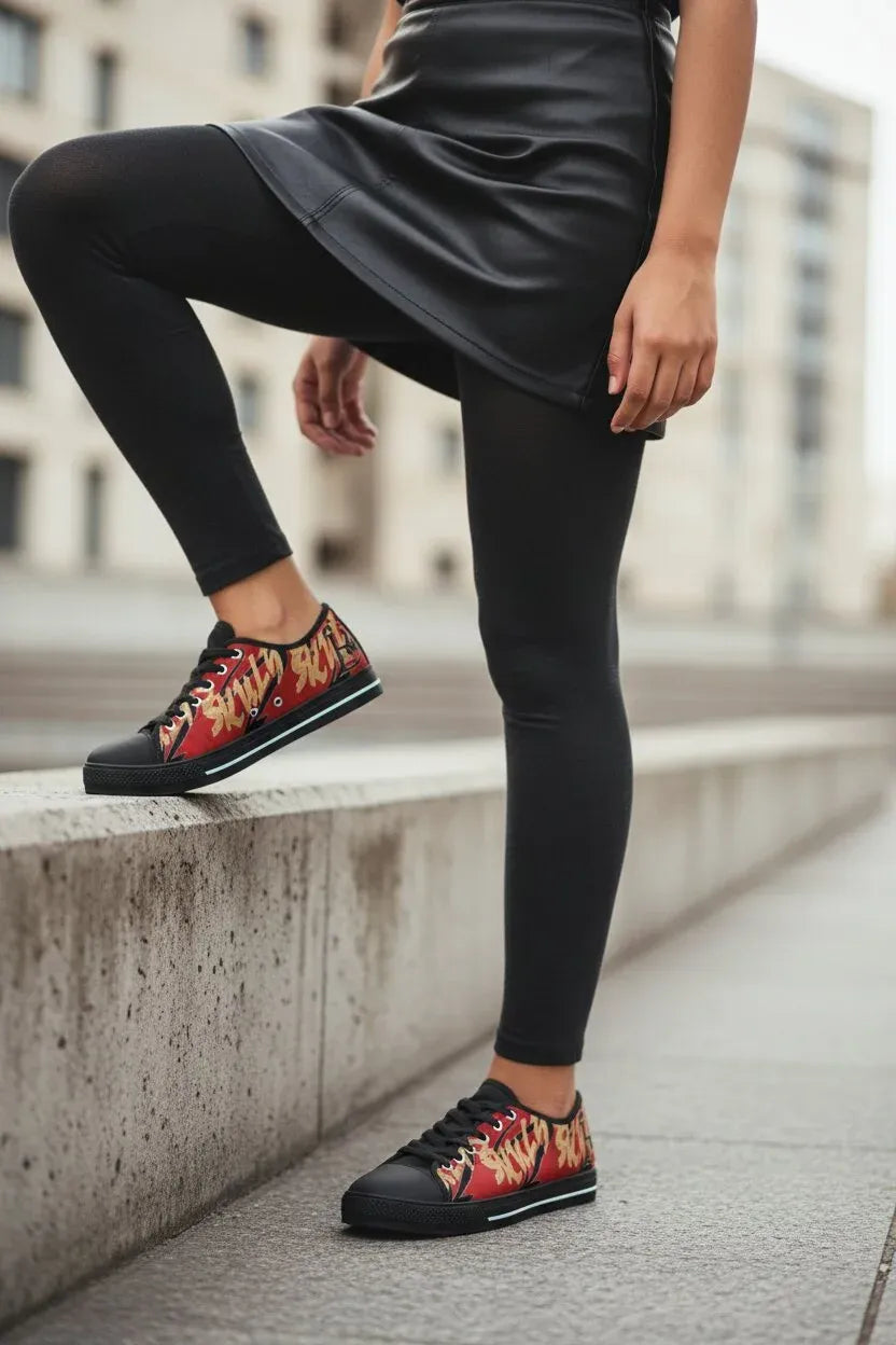 A person wearing black leggings and a black top stands on a concrete ledge outdoors, wearing low-top sneakers with a red, orange, and yellow flame pattern on the sides and black soles.