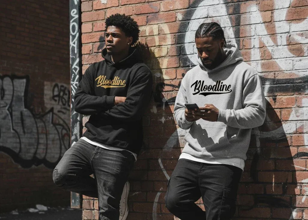 Two individuals wearing 'Bloodline' hoodies leaning against a graffiti-covered wall.